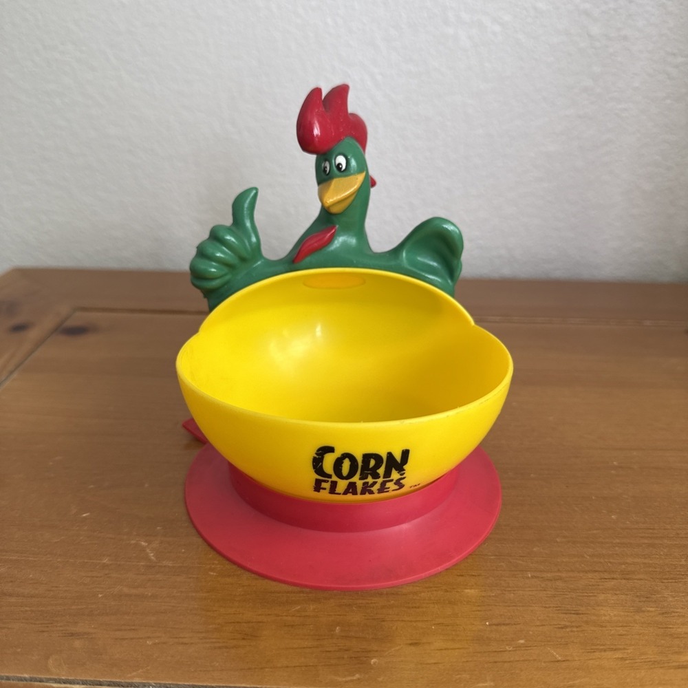 Vintage Cornelius Rooster Corn Flakes Suction Bowl Green Red Yellow